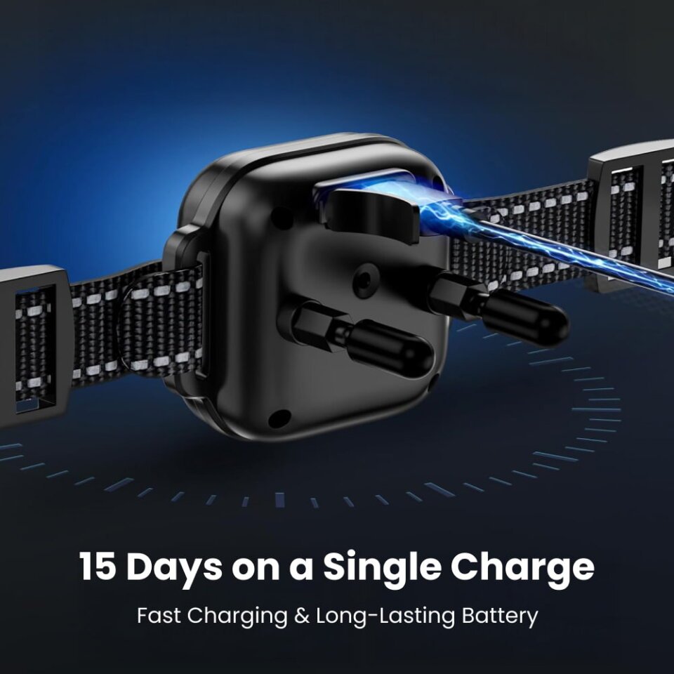 NooBark collar charging, showing 15-day battery life