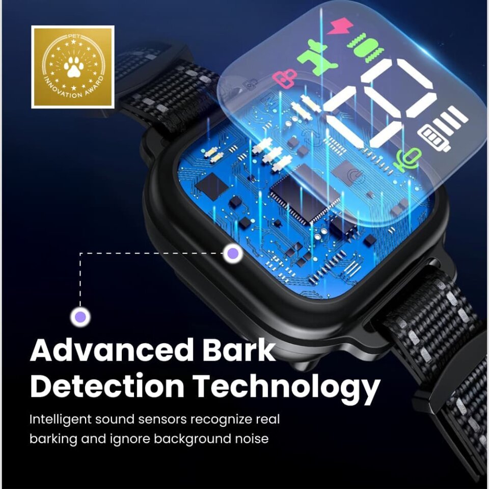Close-up of the NooBark collar's smart bark-detection sensor and LED display