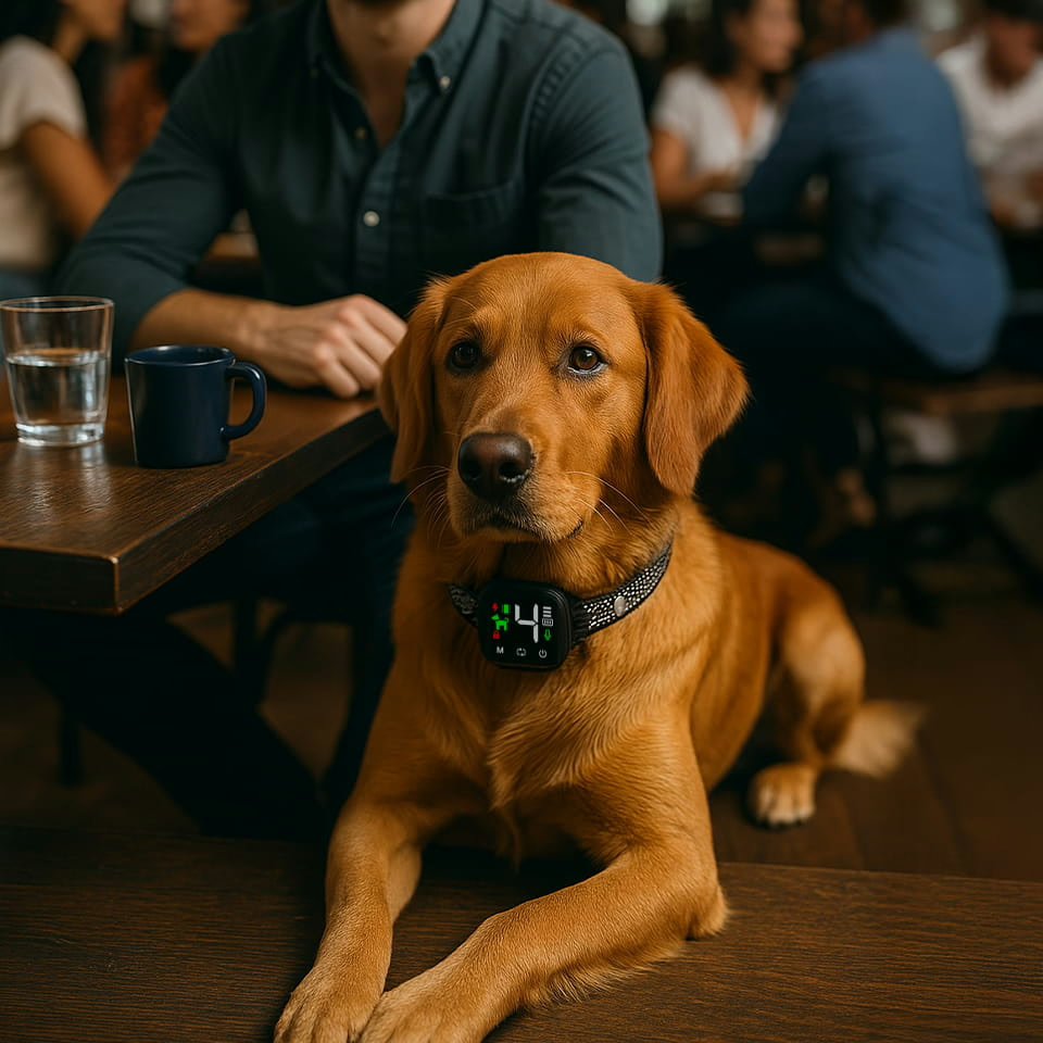 Calm, well-behaved dog wearing the NooBark anti-bark collar